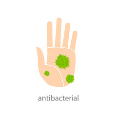 Antibacterial sign. Hand with green bacteria. Vector illustration