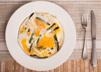 Closeup of fried eggs with asparagus at plate