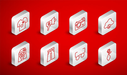 Set line Flower in vase, Megaphone, Photo camera, Peace cloud, Glasses, t-shirt print stamp, Jeans wide and Hippie girl icon. Vector