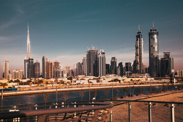 Dubai, UAE - FEBRUARY 2018: Dubai Downtown skyscrapers as viewed from the Dubai water canal.