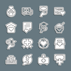 Set line Donation and charity, food, Envelope with heart, Shelter for homeless, Heart animals footprint and Education grant icon. Vector