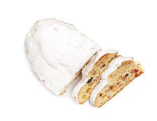 Traditional Christmas Stollen with icing sugar on white background, top view