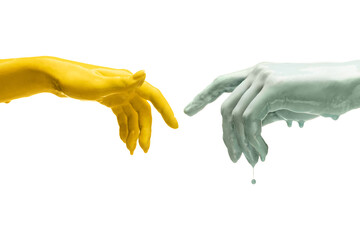 Two painted hands trying to touch each other isolated on white background in neon light. Concept of human relation, community, togetherness, symbolism, culture and history - obrazy, fototapety, plakaty