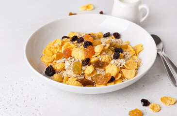Healthy breakfast, diet culture. Fresh granola, muesli with raisins. Copy space
