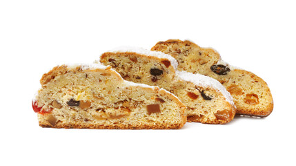 Traditional Christmas Stollen with icing sugar on white background