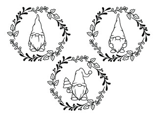 Set of nordic gnomes frame. Collection of Christmas circle wreath with cute elves. Vector illustration for New Year postcard. Drawing for children.