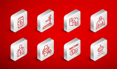 Set line Shower, Treadmill machine, Socks, Hoodie, Barbell, Energy drink, Smart watch with heart and Bodybuilder icon. Vector