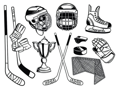 Set of hockey equipment. Collection of winter sport accessories on ice skates: trophy, mask, goalkeeper, knee pads, gate, puck, protection. Vector illustration of hockey uniform athlete.