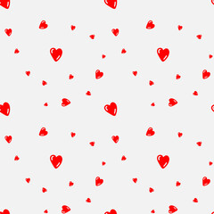 Seamless pattern of red hearts arranged randomly on a white background. Vector illustration. Design for Valentines Day