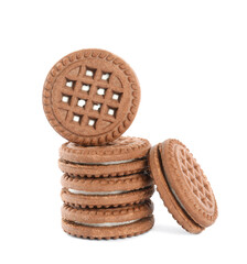 Tasty chocolate sandwich cookies on white background