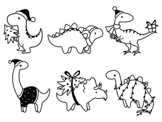 Set of Christmas dinosaurs. Collection of cute dinosaurs with gifts and Santa hats. Winter vacation. Colorful illustration for children.