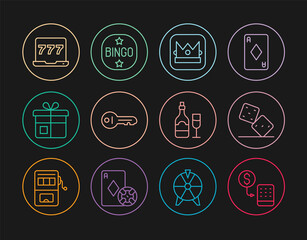 Set line Casino chips exchange, Game dice, King playing card, Old key, Gift box, Laptop and slot machine, Champagne bottle with glass and Bingo icon. Vector