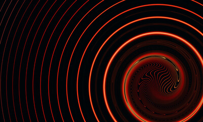 Vivid digital fluid fiery red 3d spiral with ripples and stains in deep dark. Sound technology design. Music, pure rhythm, audio sound concept. Great as wallpaper, cover, print for electronics. - 480956911