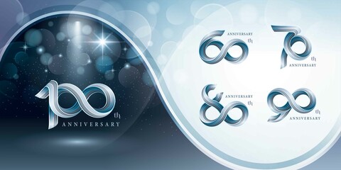 Set of 60 to 100 years Anniversary logotype design, Celebrating Anniversary Logo, Silver Twist Infinity multiple line - obrazy, fototapety, plakaty