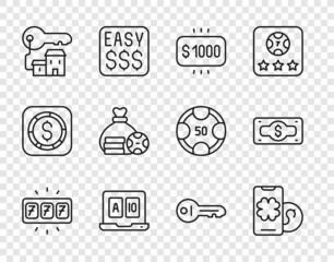 Set line Slot machine with jackpot, Online poker table game, Money prize casino, Winning house key, bag, Old and Stacks paper money cash icon. Vector