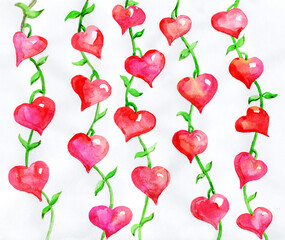 Pattern with red hearts and green leaves painted of watercolor on white paper