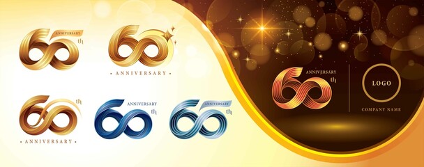 Set of 60th Anniversary logotype design, Sixty years anniversary celebration Logo, Twist Infinity multiple line golden