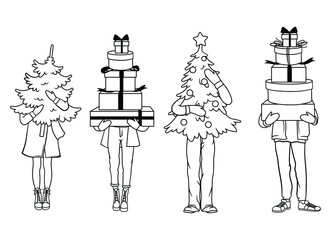 Set of people holding a Christmas tree and gifts. Collection of human feet peeking out from under the tree. Vector illustration for a postcard or a poster. 