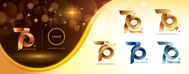 Set of 70th Anniversary logotype design, Seventy years anniversary celebration Logo. Twist Infinity multiple line golden