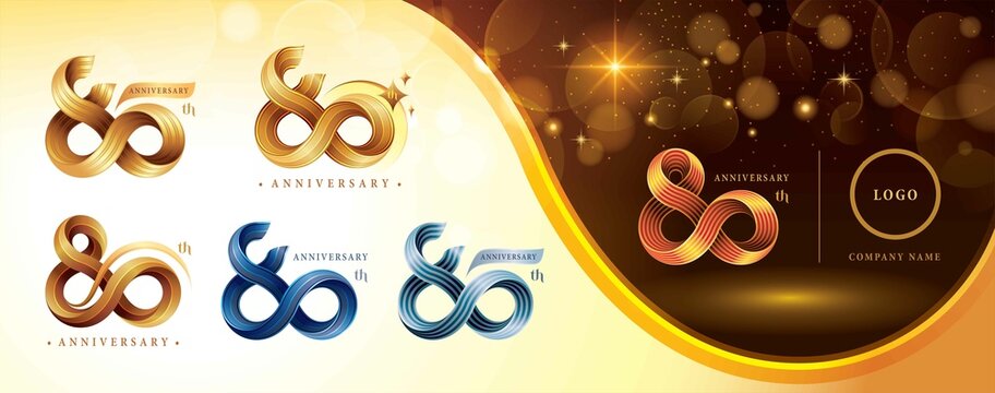 Set of 80th Anniversary logotype design, Eighty years anniversary celebration Logo, Twist Infinity multiple line golden