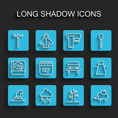 Set line Witch hat, Cloud with rain, Garden rake, Bare tree, Hedgehog, September calendar autumn, Ghost and Bench icon. Vector