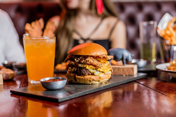 Perfect Burger Fried Chicken French Fries Bacon Barbecue Sauce Onion Rings Fast Food