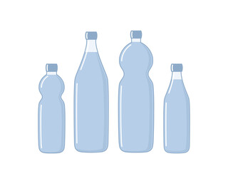 Flat illustration of different plastic bottles for liquids. Transparent bottles, packaging. Recycling, reuse, biodegradable plastic. Vector illustration on white background.