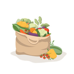 Flat illustration of a grocery cloth bag full of organic vegetables. Farm fresh vegetables, vegetarian diet, harvest, healthy food, eco-friendly, no plastic. Vector on white background.