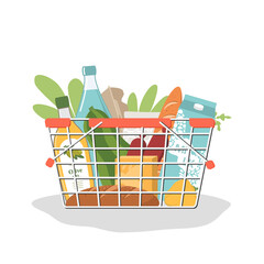 Flat illustration of a grocery cart full of food, drinks and vegetables. Shopping, self-service stores, grocery delivery. Fresh delicious foods. Vector illustration on white background.