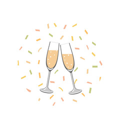 Flat illustration of two glasses of sparkling wine. Champagne, date, important date, wedding. Vector illustration on white background.