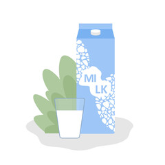 Flat illustration of milk in package and glass. Natural farm useful product. Vector illustration on white background.