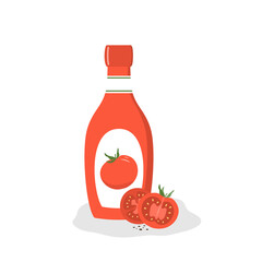 Flat illustration of tomato ketchup and tomato. Delicious farm produce sauce, cuisine and cooking. Composition with a bottle of ketchup and vegetables. Vector illustration on white background.
