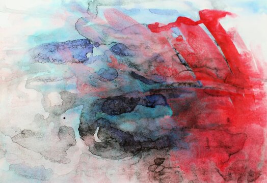 Red and blue watercolor background. Transparent lines and spots. Paint leaks and ombre effects. Abstract hand-painted image.