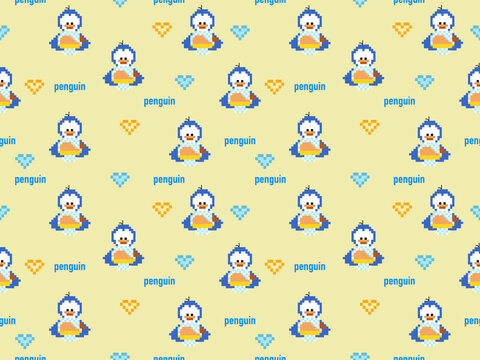 Penguin cartoon character seamless pattern on yellow background.Pixel style