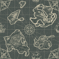 Vintage seamless pattern with hand-drawn islands, old ships, wind roses and sea waves on a dark backdrop. Monochrome vector background. Suitable for wallpaper, wrapping paper or fabric. Chalk drawing