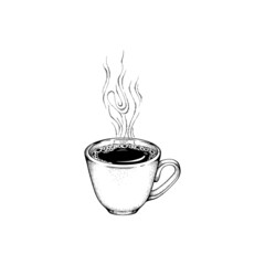 Black Engraved Cup of Coffee with steam, Graphic Isolated Illustration