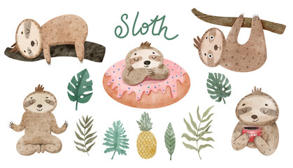 Watercolor set of cute sloths and tropical leaves © artforwarm