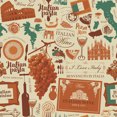Seamless pattern on the theme of Italy and Italian cuisine in retro style on an old paper background. Suitable for wallpaper, wrapping paper or fabric design. Repeating vector background - 480960357