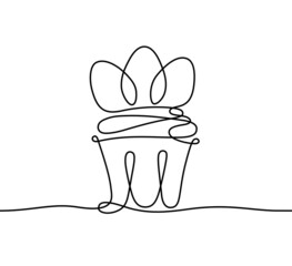Continuous line drawing of Easter muffin, cupcake with eggs on top. Vector outline illustration of sweet pastry, cake in cup. Hand drawn sketch of bakery dessert with cream in single black contour