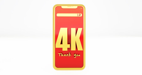 3D render of golden 4k numbers above a smartphone. Thanks 4k social media supporters.
