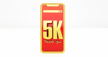 3D render of golden 5k numbers above a smartphone. Thanks 5k social media supporters.