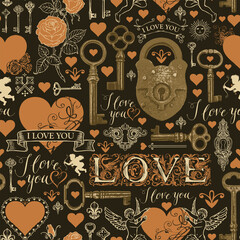 Seamless pattern on a love theme with beautiful letters, hearts, bronze keys, an old padlock, angels, roses. Black retro-style vector background, wallpaper, wrapping paper or fabric for Valentines Day