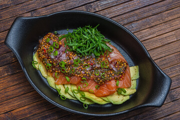Ceviche- salmon salad. Great food for vegans