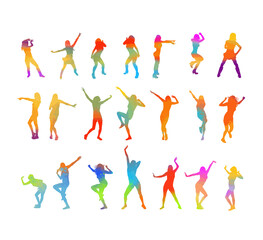 Dancing colorful girls. Set of rainbow silhouettes. Vector illustration