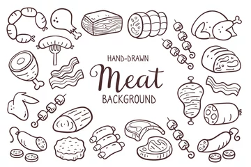 Fotobehang Hand-drawn meat background. Pieces of meat and meat products. Food ingredients for cooking illustration. Isolated doodle icons on white background. Vector illustration. © insemar