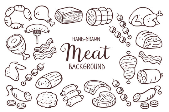 Hand-drawn meat background. Pieces of meat and meat products. Food ingredients for cooking illustration. Isolated doodle icons on white background. Vector illustration.