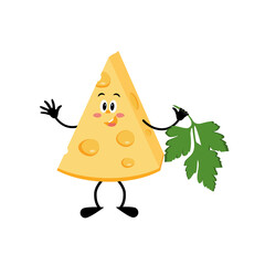 A piece of cheese with a leaf of parsley in a cartoon style. Isolated on white background vector illustration.