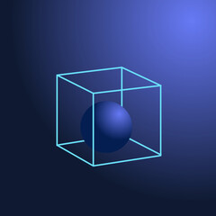 Light blue cube on a blue background. Sphere inside a cube. Vector illustration
