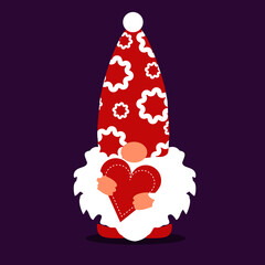 vector illustration of a gnome with a heart in his hands, the theme of love and Valentine's day