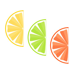 Lemon slices, lime slice, grapefruit slice simple flat design. Isolated on white background vector illustration
